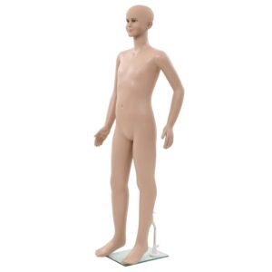 140 cm täispikkuses lapse mannekeen klaasaluse ja liigutatavate kätega.
