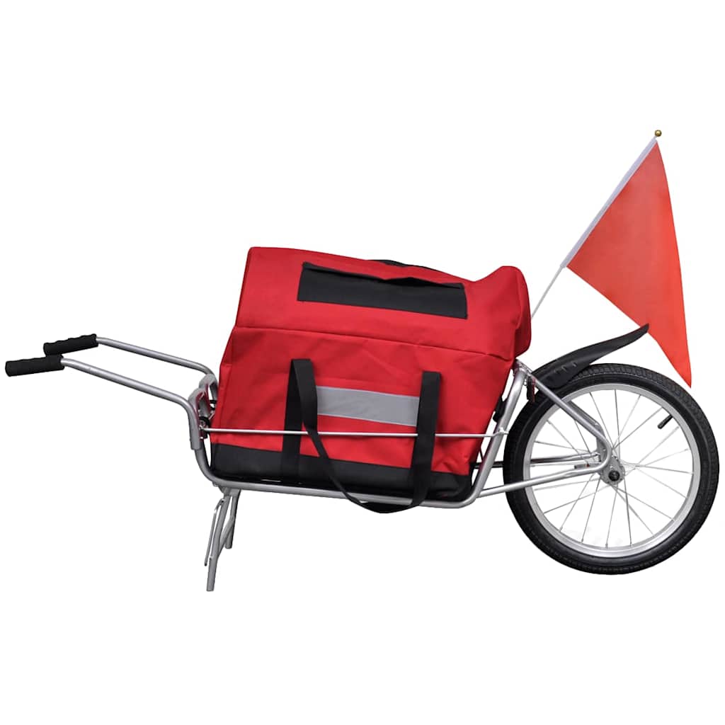 Ühe rattaga jalgratta järelkäru punase-musta transpordikotiga.