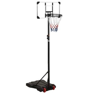 Reguleeritav läbipaistva tagalauaga korvpallikorv jalaga ja ratastega alusel.
