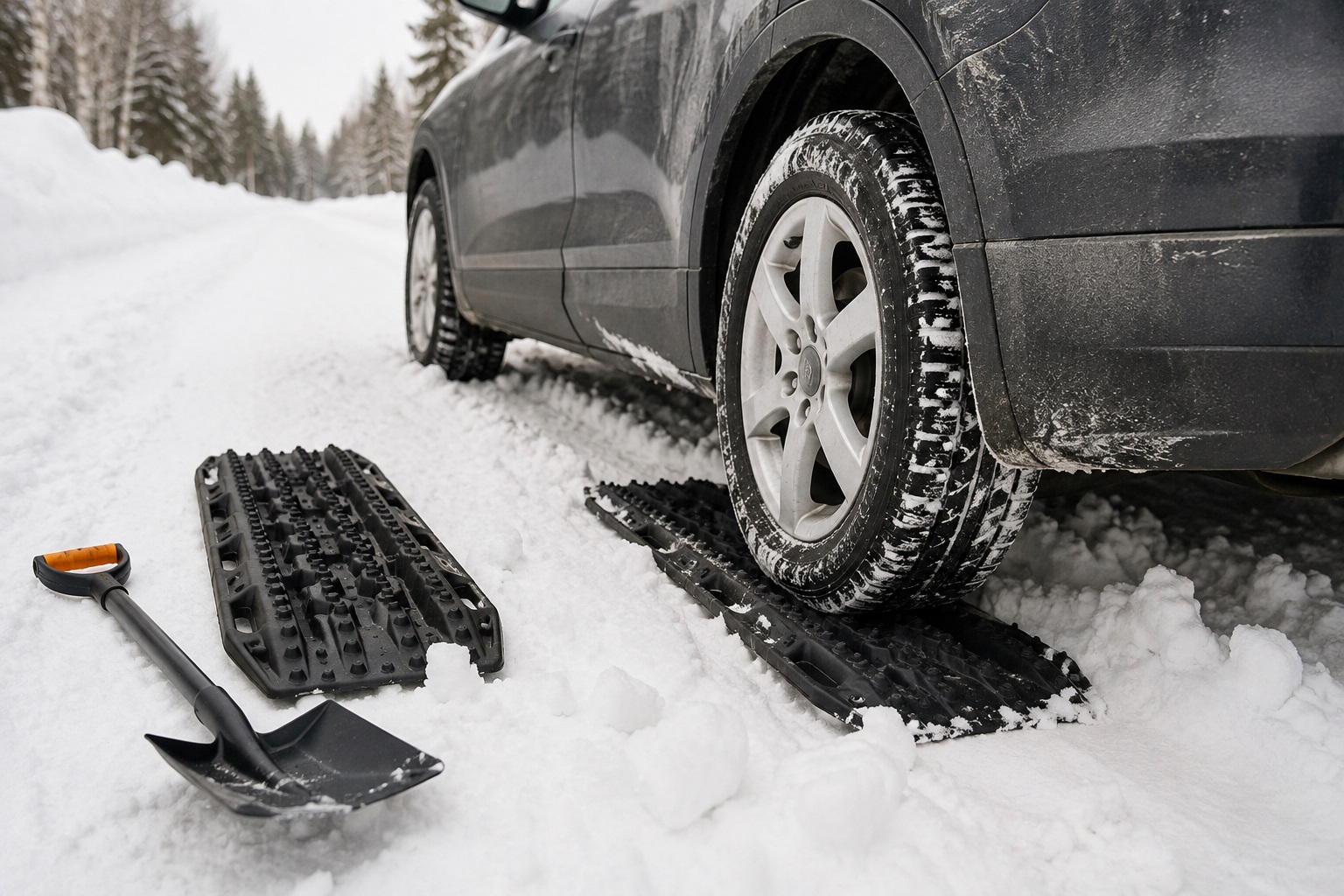 Auto lumme kinni jäänud ratas veoplaadil parema haarduvuse saavutamiseks.