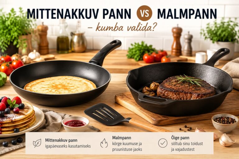 Mittenakkuv pann ja malmpann kõrvuti köögilaual koos värskete toiduainete ja köögitarvikutega.
