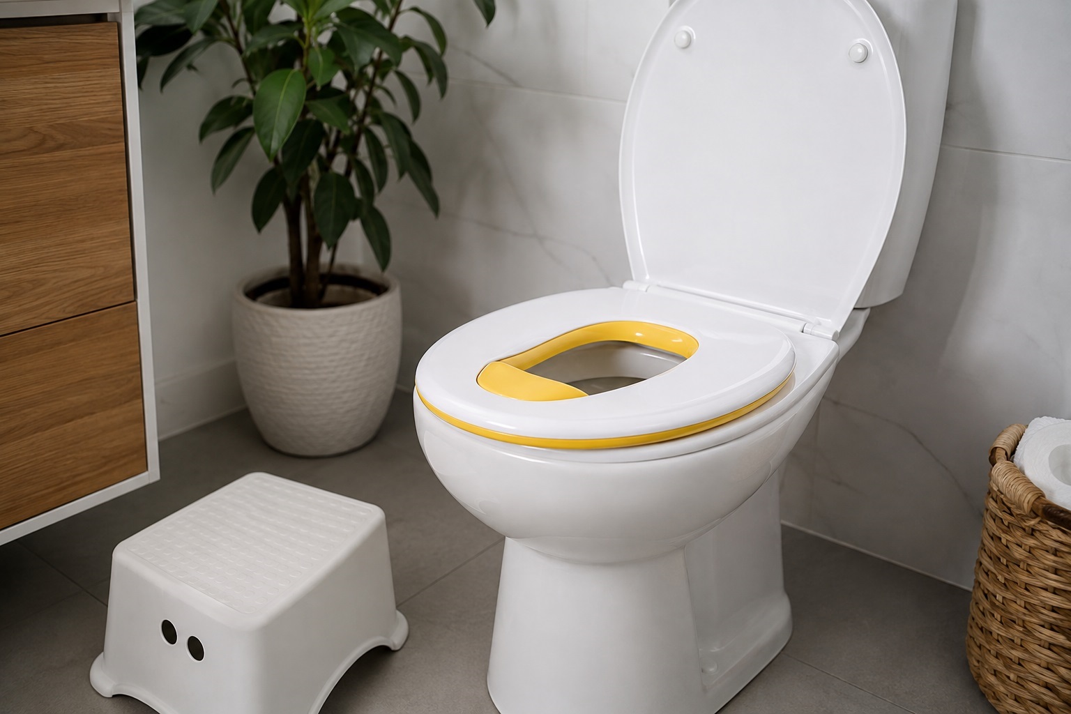 Väikelapsele sobiv WC-prill-laud integreeritud lasteistmega valgusküllases vannitoas.