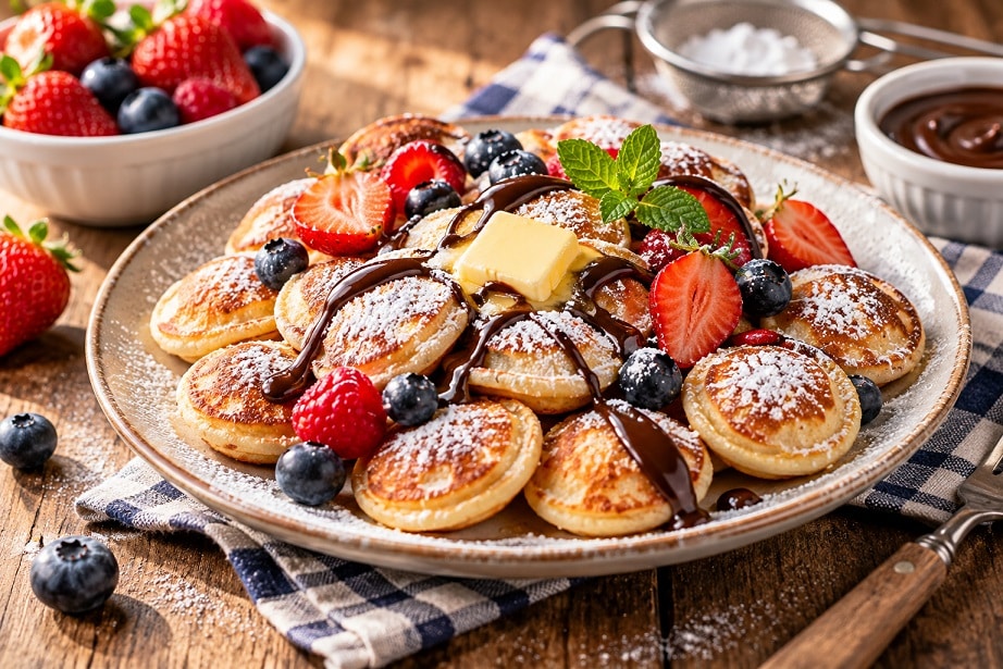 Hollandi minipannkoogid ehk poffertjes tuhksuhkru, või ja marjadega